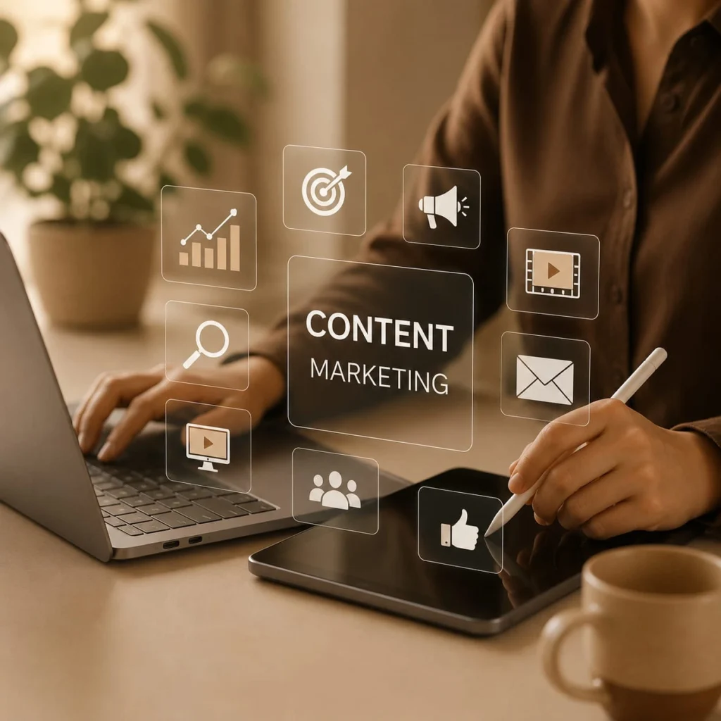 Content Creation in Digital Marketing workspace with laptop and tablet